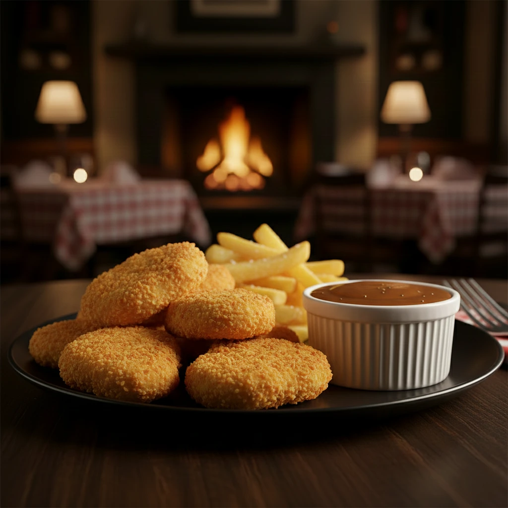 Appetizing chicken nuggets and fries, beautifully presented with dipping sauce. A perfect example of menu visuals a top Restaurant Website Design Company uses to entice hungry diners