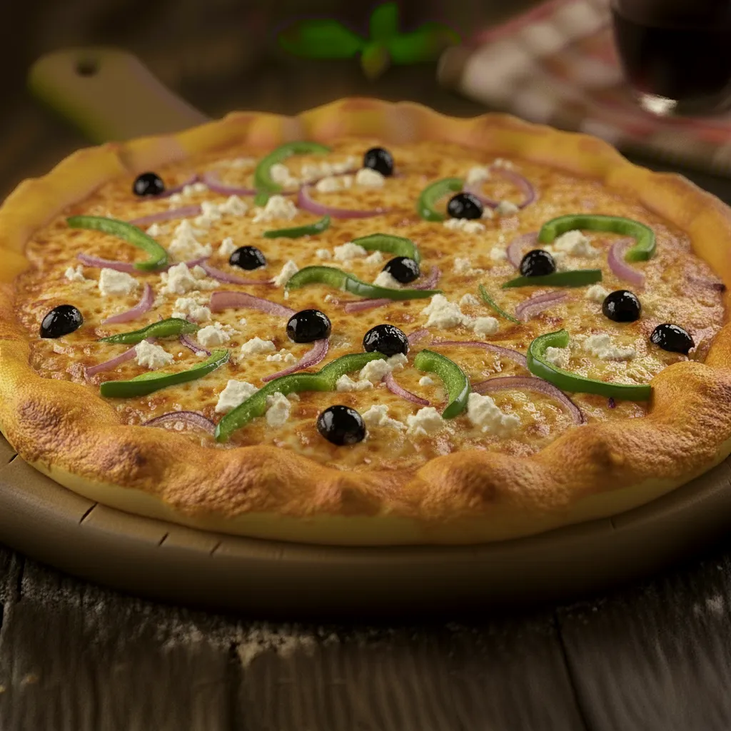 Elegantly presented Greek pizza, capturing fresh ingredients and vibrant toppings. This imagery is vital for a leading Restaurant Website Design Company