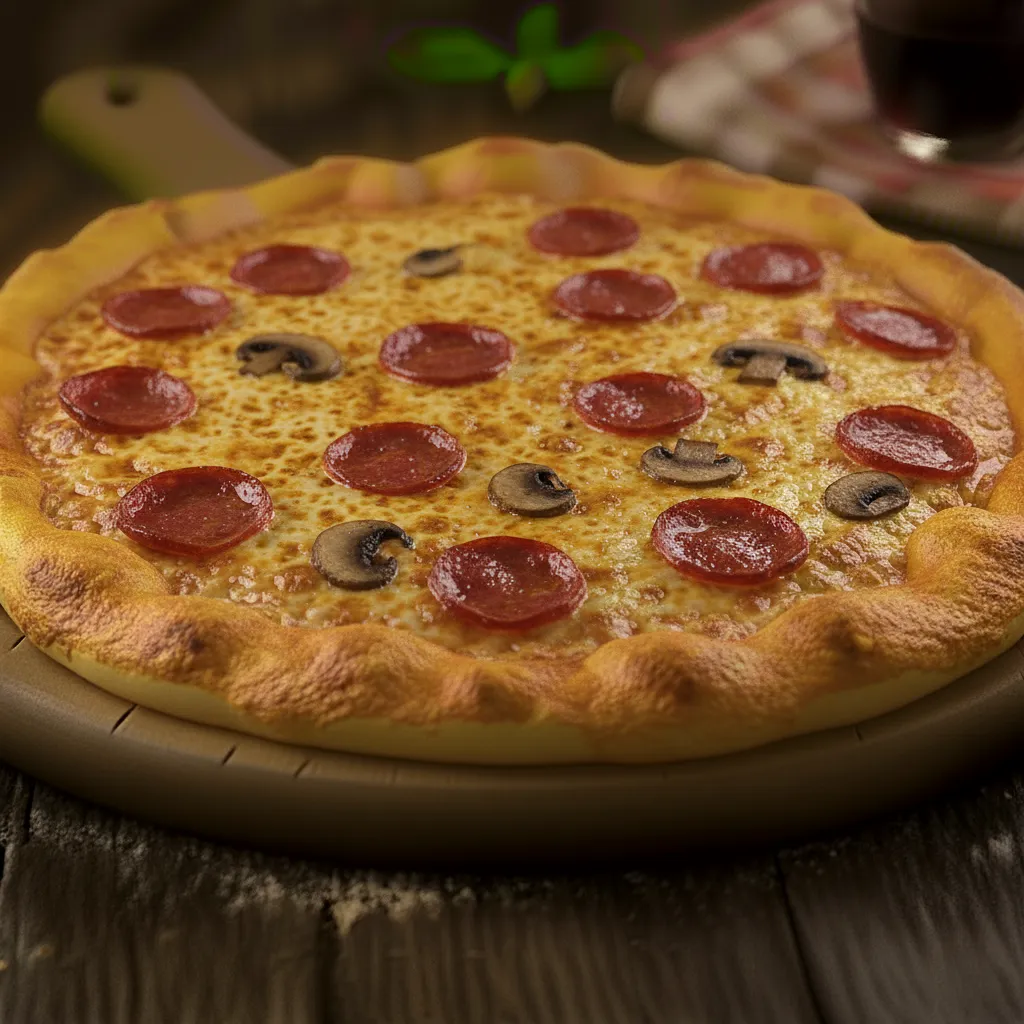 Golden-crusted pepperoni and mushroom pizza with melted cheese, served on a wooden board. The best Restaurant Website Design Company showcases gourmet, appealing pizzas