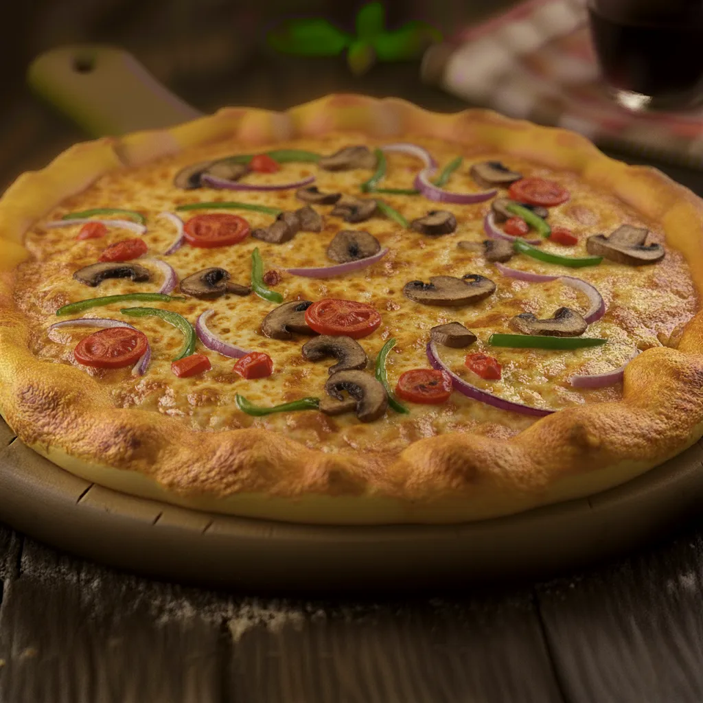 Golden-crusted veggie pizza with mushrooms, green peppers, red onions, and tomatoes. The best Restaurant Website Design Company showcases gourmet, appealing pizzas