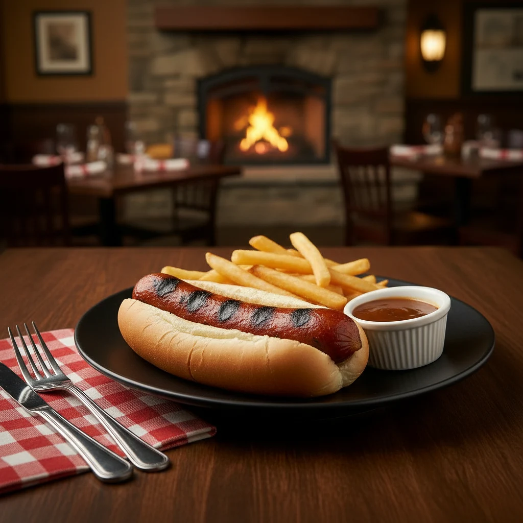 High-resolution photo of a gourmet grilled hot dog and fries, illustrating the professional food photography needed by a top-tier Restaurant Website Design Company for compelling menus