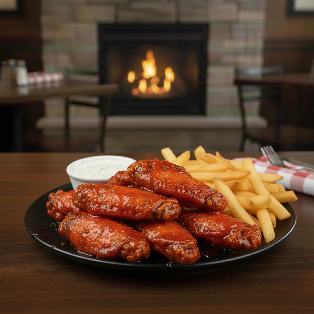 Spicy buffalo wings with a side of golden fries and creamy ranch dip. The best Restaurant Website Design Company showcases vibrant, appealing appetizers