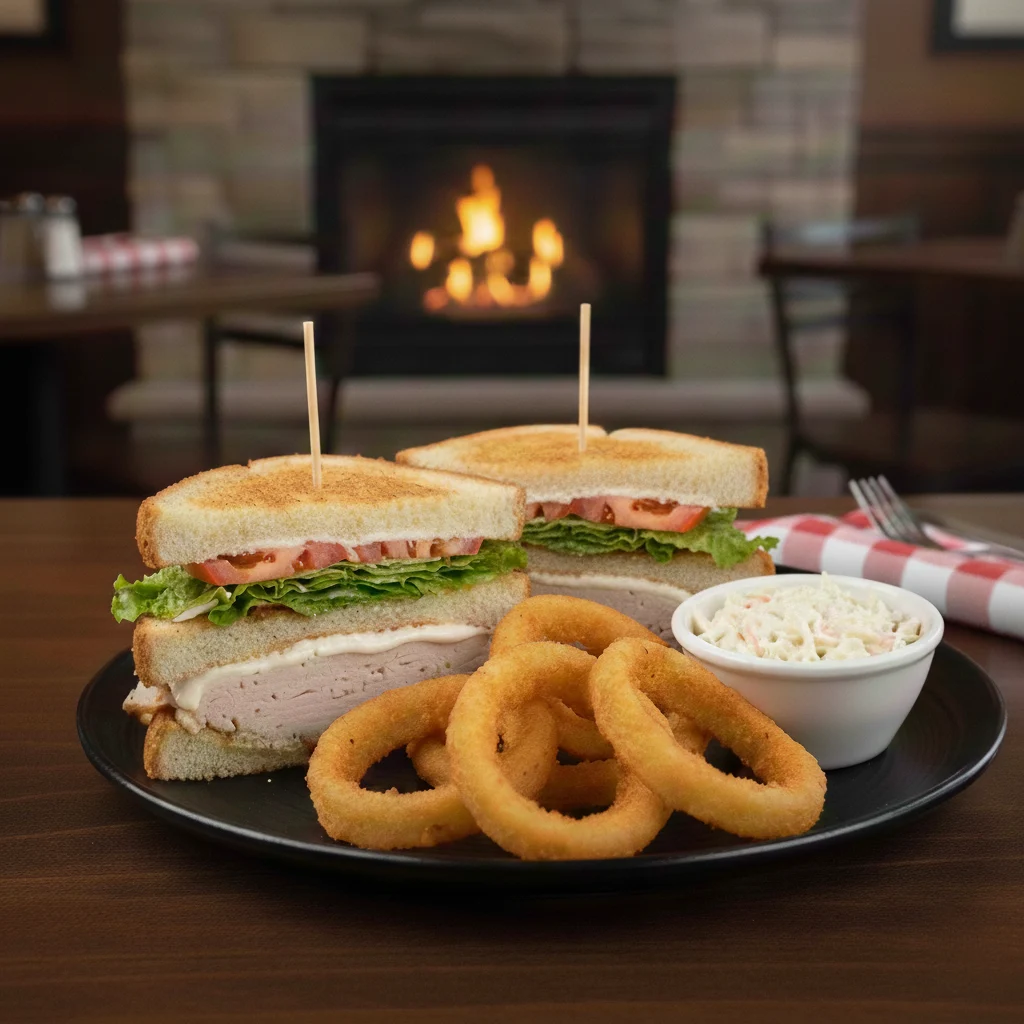 Stacked turkey club sandwich on toasted bread with lettuce, tomato, coleslaw, and onion rings. The best Restaurant Website Design Company showcases vibrant, appealing entrees